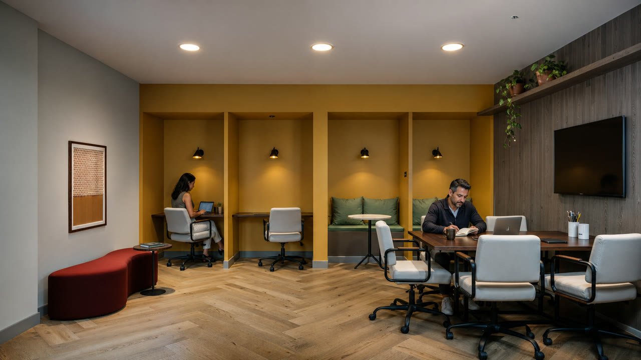 Moradores trabalhando no coworking com estacoes individuais e mesa de reuniao