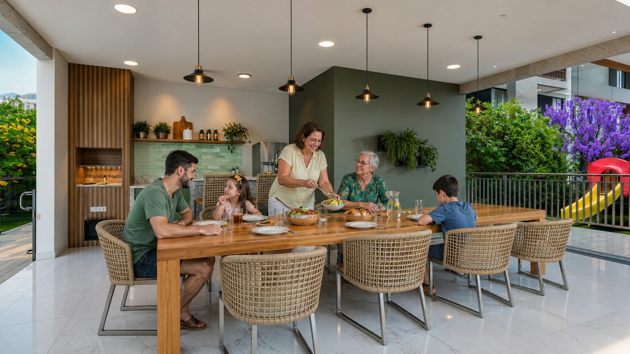 Familia reunida ao redor da mesa no espaco gourmet do condominio