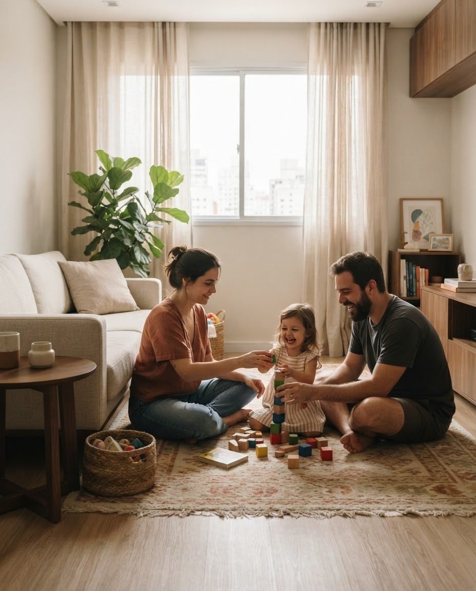 Casal e uma crianca pequena brincando de blocos no chao da sala de um apartamento