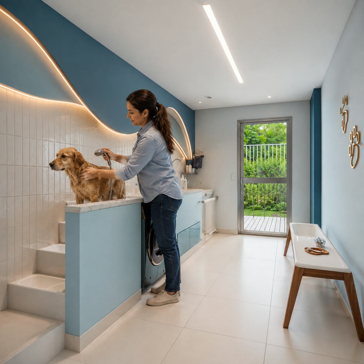 Moradora cuidando do cachorro no pet care equipado do condominio