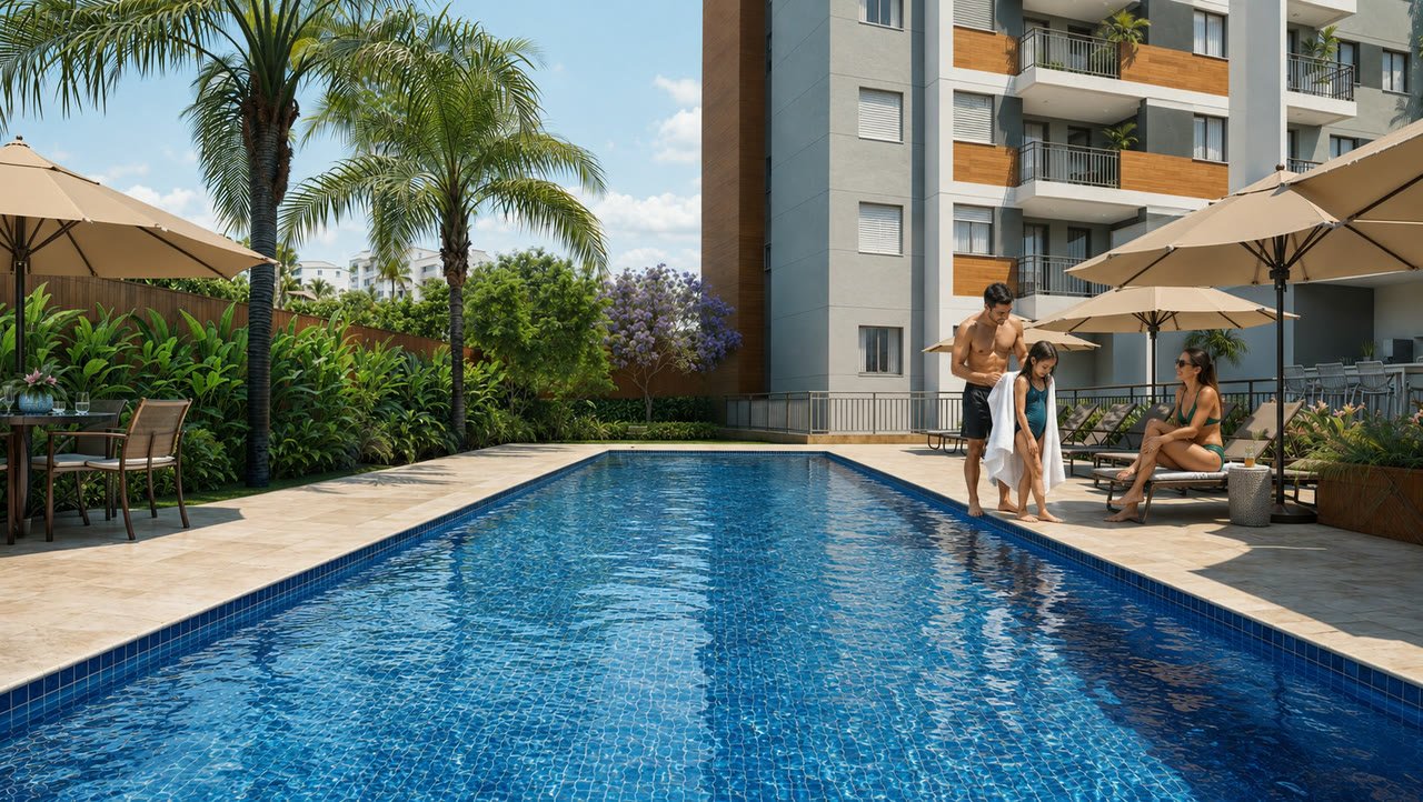 Familia aproveitando a piscina do condominio entre espreguicadeiras e palmeiras