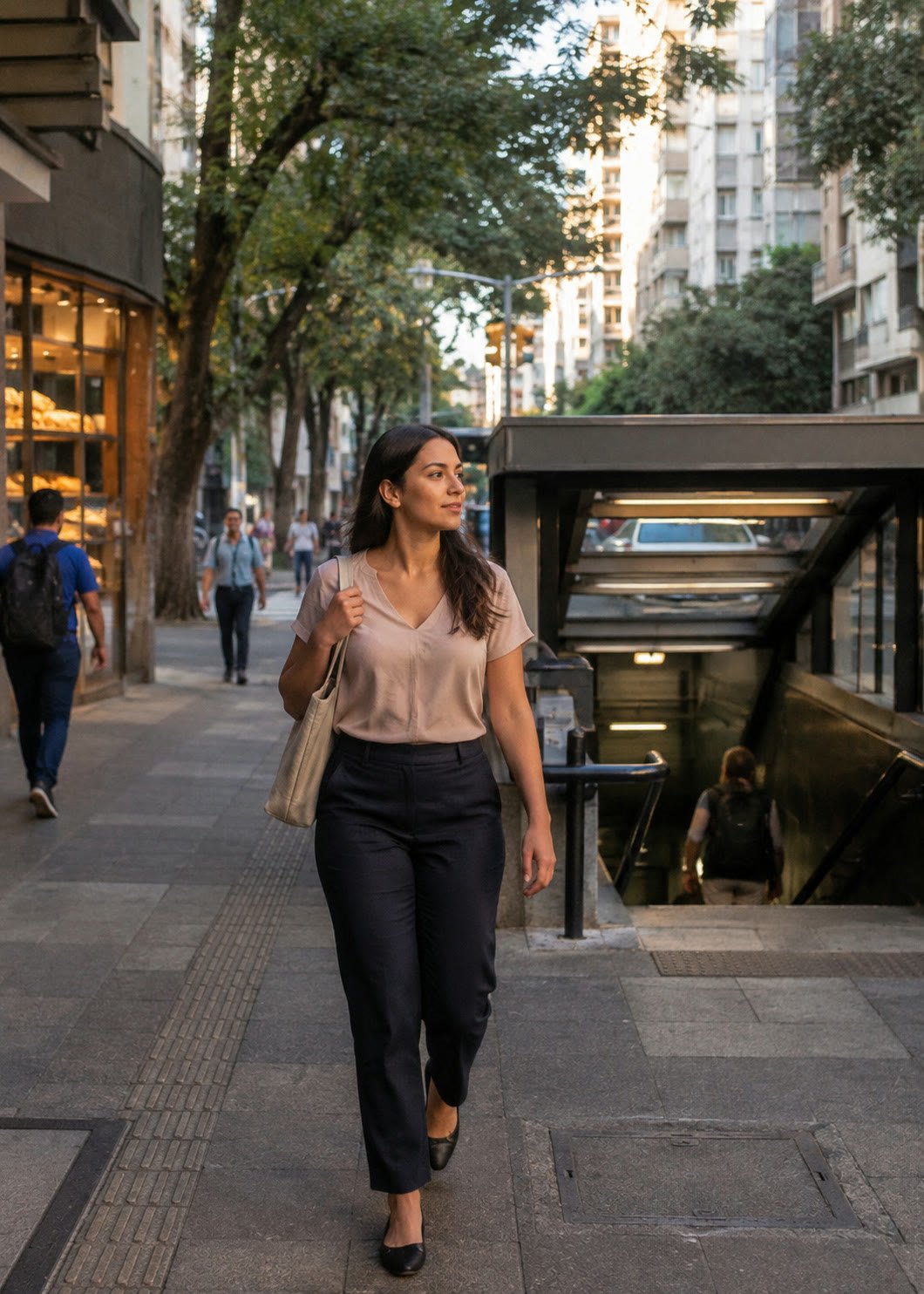 Moradora caminhando perto de uma estação de metrô em São Paulo depois do trabalho
